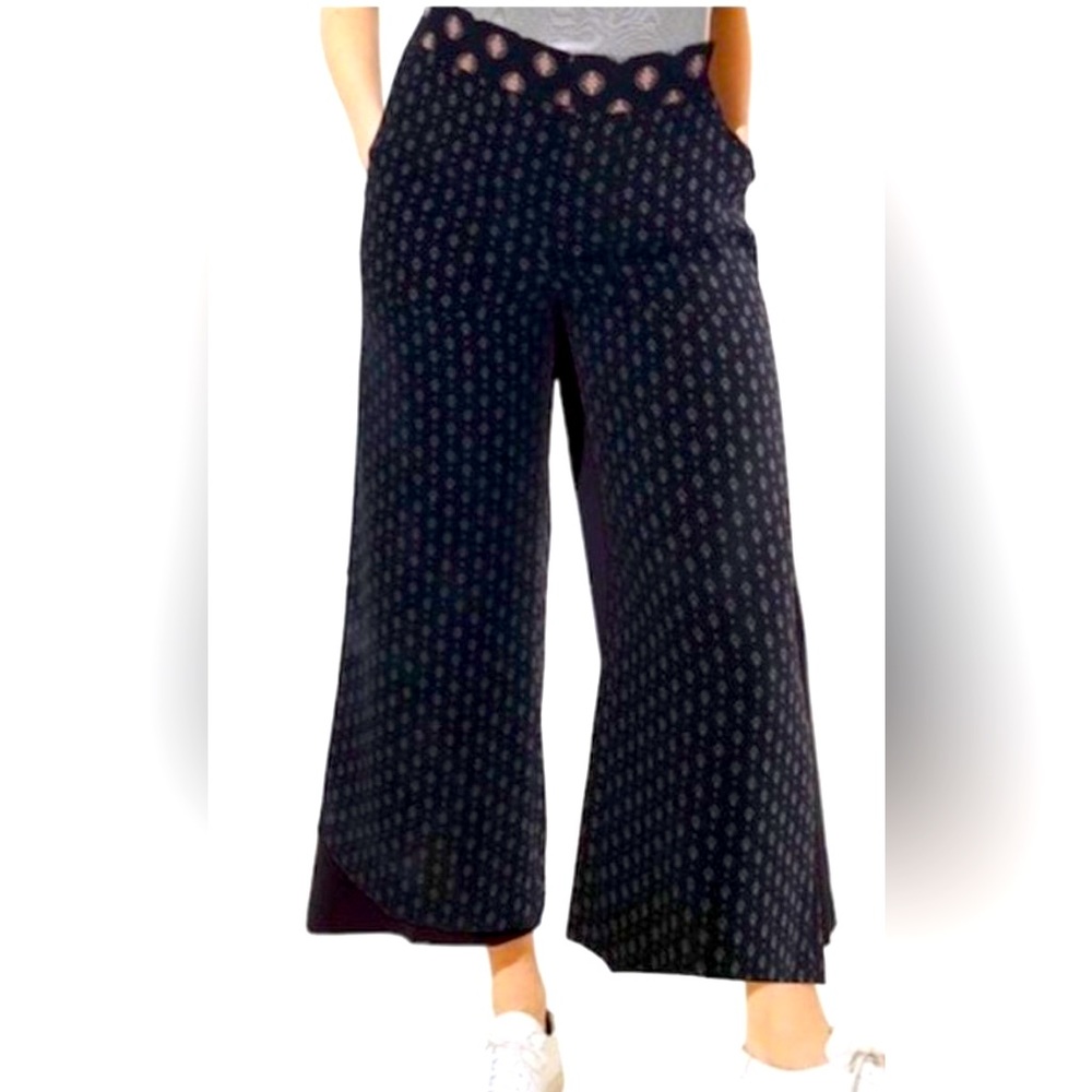 Loft Plazzo Black Pink Printed Wide Leg Cropped Trousers